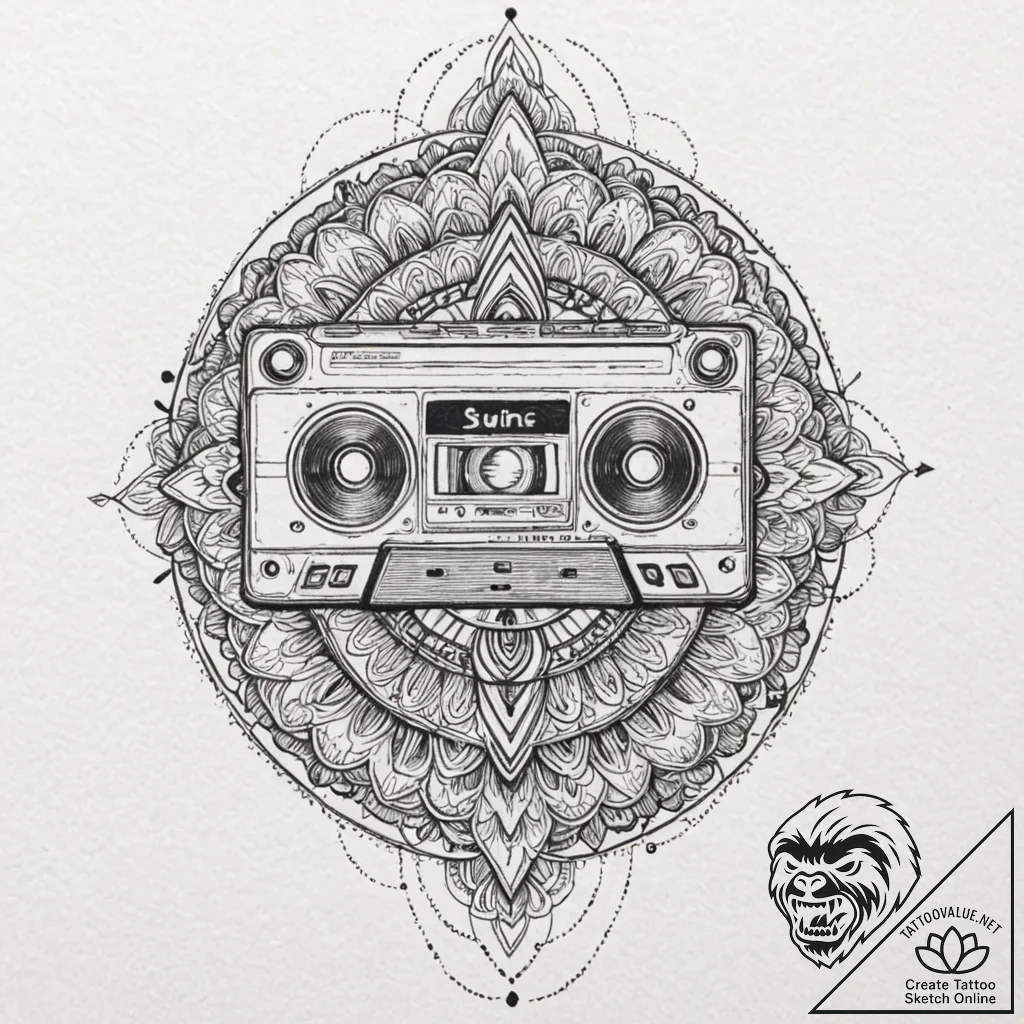 Boombox playing a cassette tape, emitting neo... - tattoo sketch (№1753624617_0, 27.07.2025 13:56) — tattoovalue.net