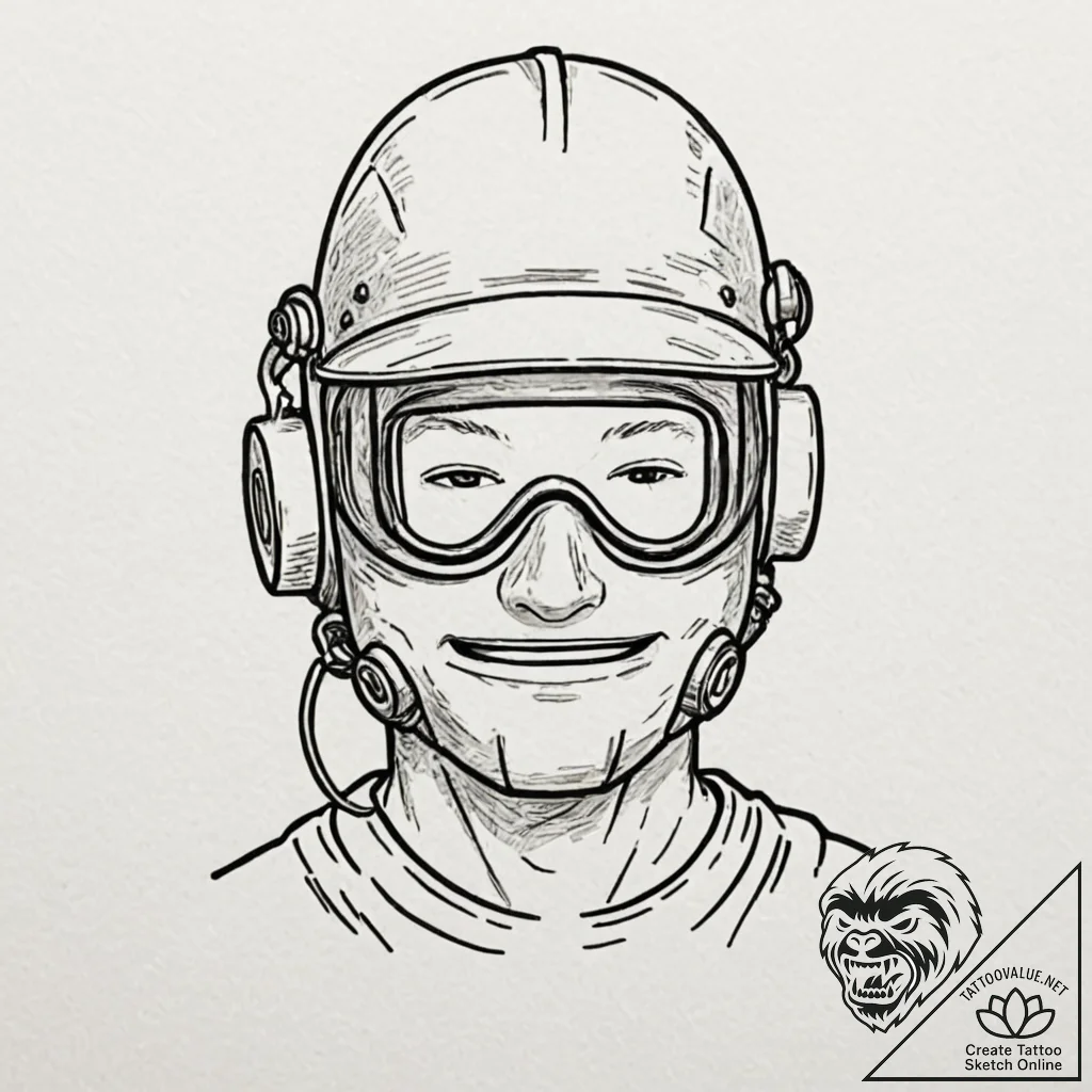Welder's mask, visor lifted to show a face wi... - tattoo sketch (№1753625616_0, 27.07.2025 14:13) — tattoovalue.net