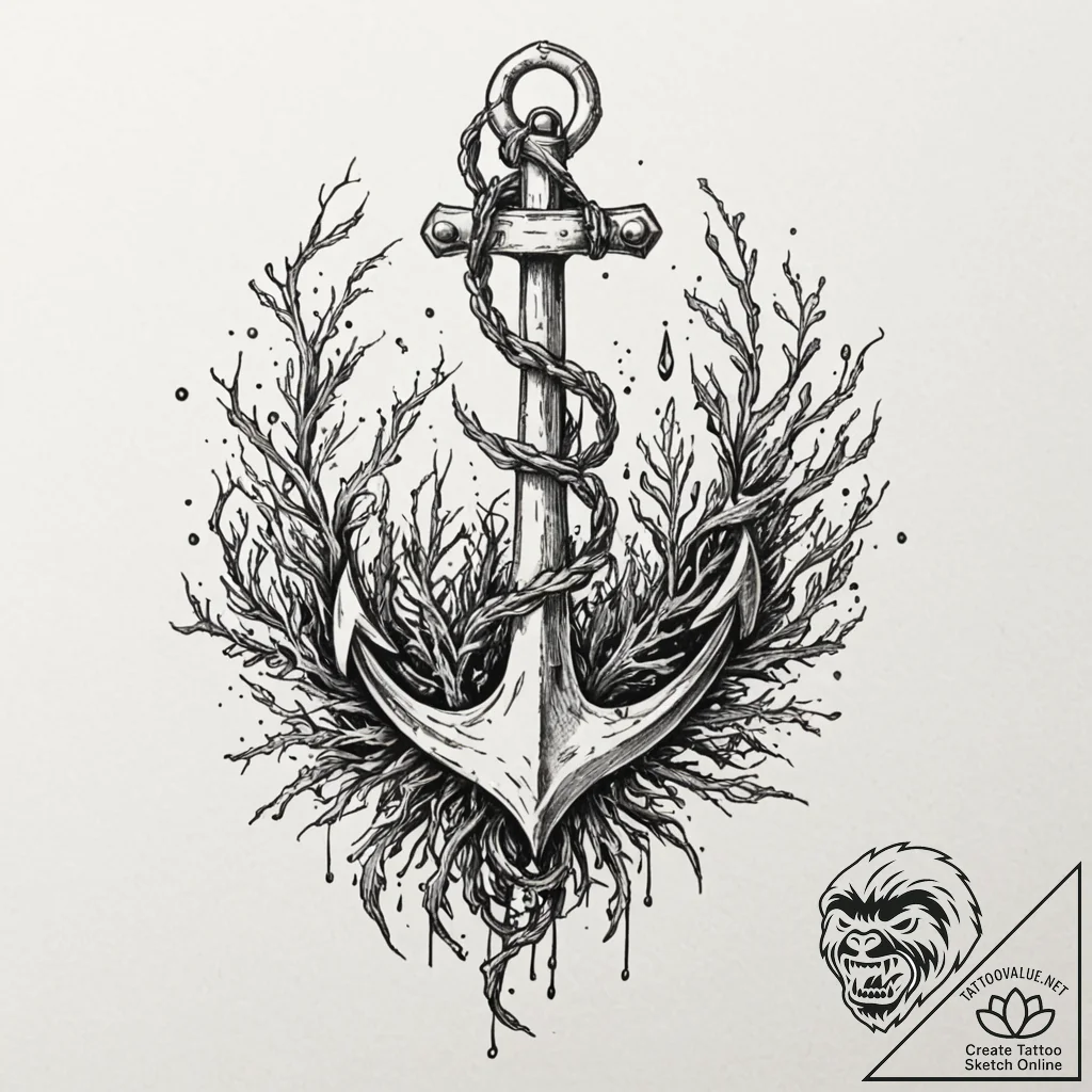 Abyssal anchor entangled in ghostly seaweed,... - tattoo sketch (№1753626009_0, 27.07.2025 14:20) — tattoovalue.net