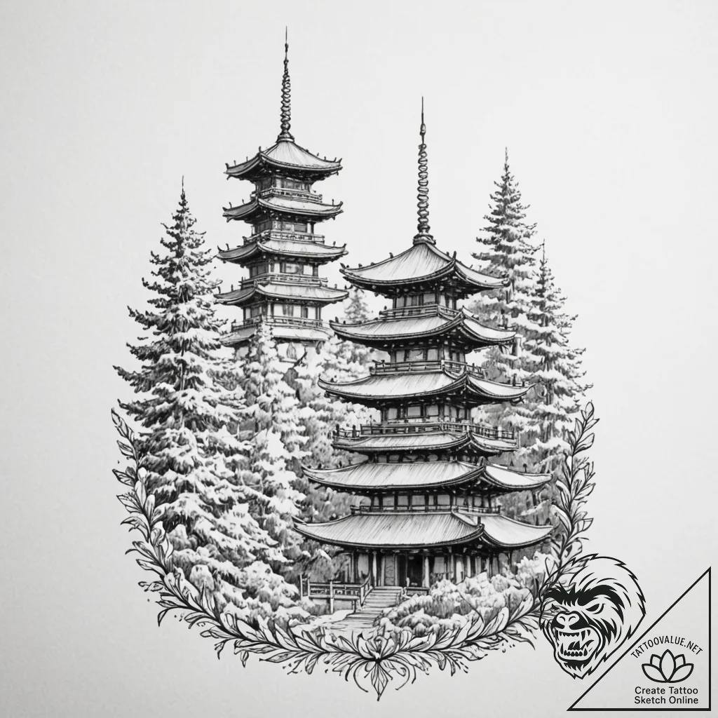 Pagoda, symbolizing wisdom and serenity, conc... - tattoo sketch (№1753626628_0, 27.07.2025 14:30) — tattoovalue.net