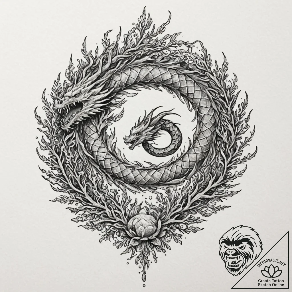 Aquatic dragon weaving through coral, artisti... - tattoo sketch (№1753627056_0, 27.07.2025 14:37) — tattoovalue.net