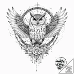 Owl with a key in its talons, wings spread to… – tattoo sketch (№1753627267_0, 27.07.2025 14:41) — tattoovalue.net