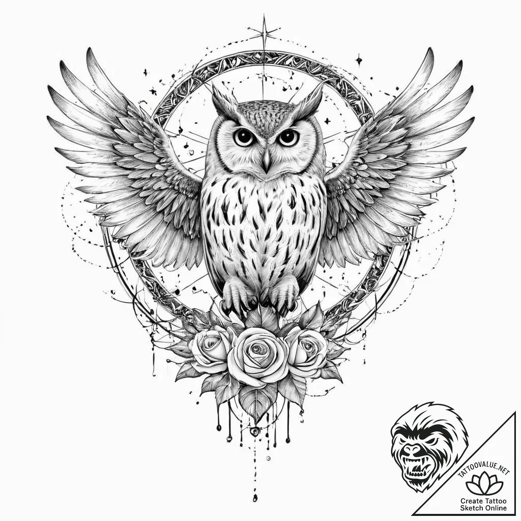 Owl with a key in its talons, wings spread to... - tattoo sketch (№1753627267_0, 27.07.2025 14:41) — tattoovalue.net
