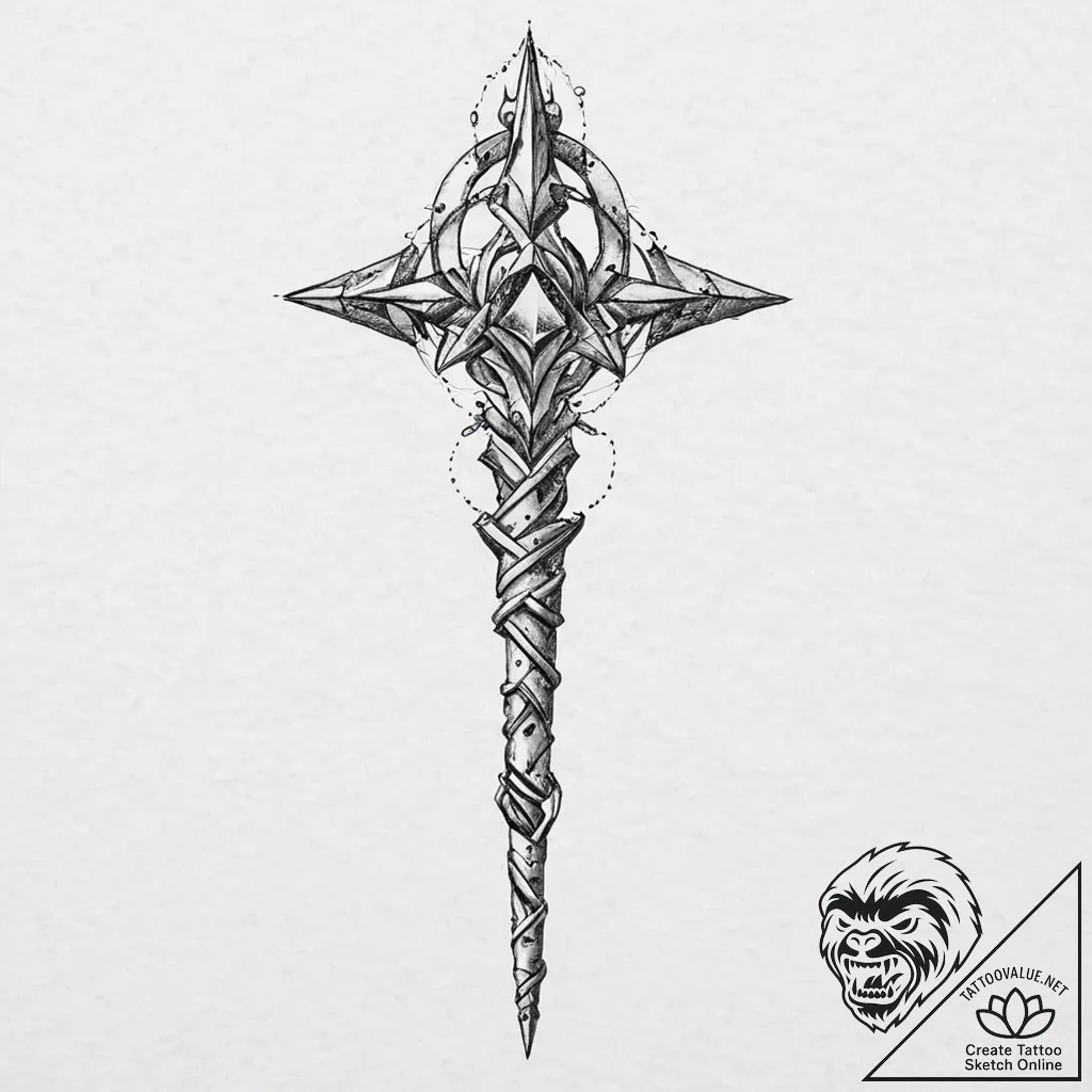 Corroded scepter with fractured gem, tattoo d... - tattoo sketch (№1753628286_0, 27.07.2025 14:58) — tattoovalue.net
