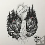 Waterfall cascading over a cliff into clouds,… – tattoo sketch (№1753628678_0, 27.07.2025 15:04) — tattoovalue.net