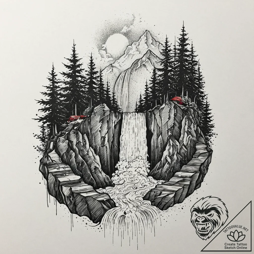 Waterfall cascading over a cliff into clouds,... - tattoo sketch (№1753628678_0, 27.07.2025 15:04) — tattoovalue.net
