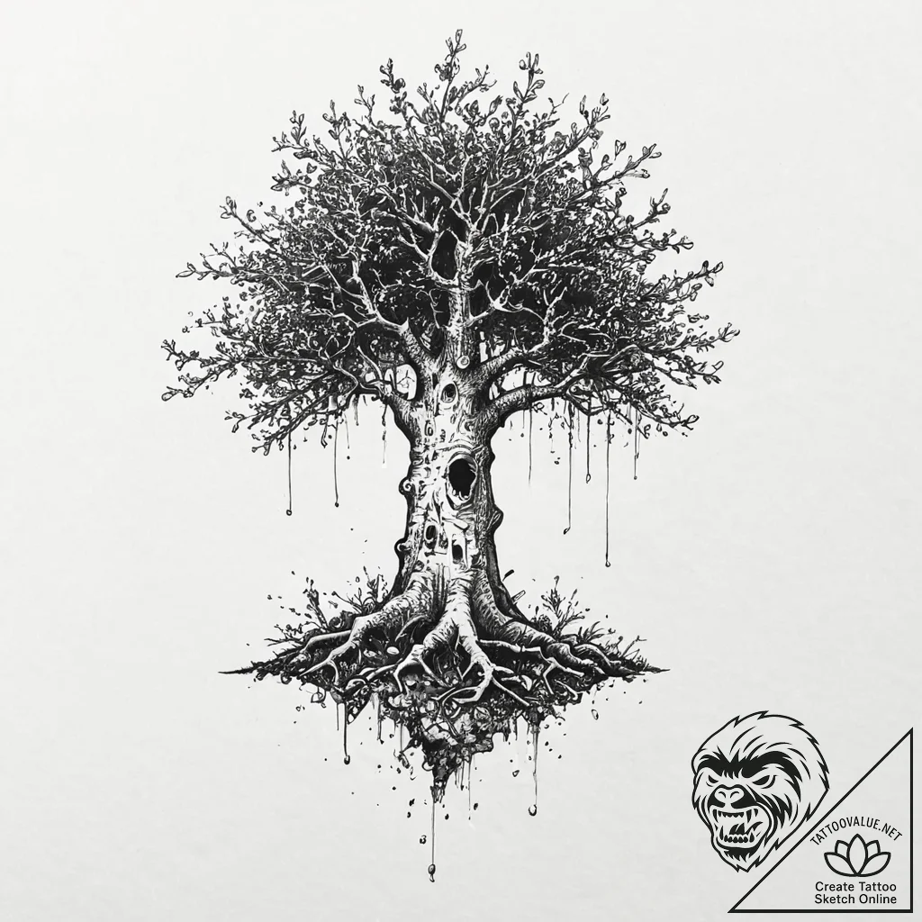 Walking tree (ent) with mossy bark, ink illus... - tattoo sketch (№1753629304_0, 27.07.2025 15:15) — tattoovalue.net