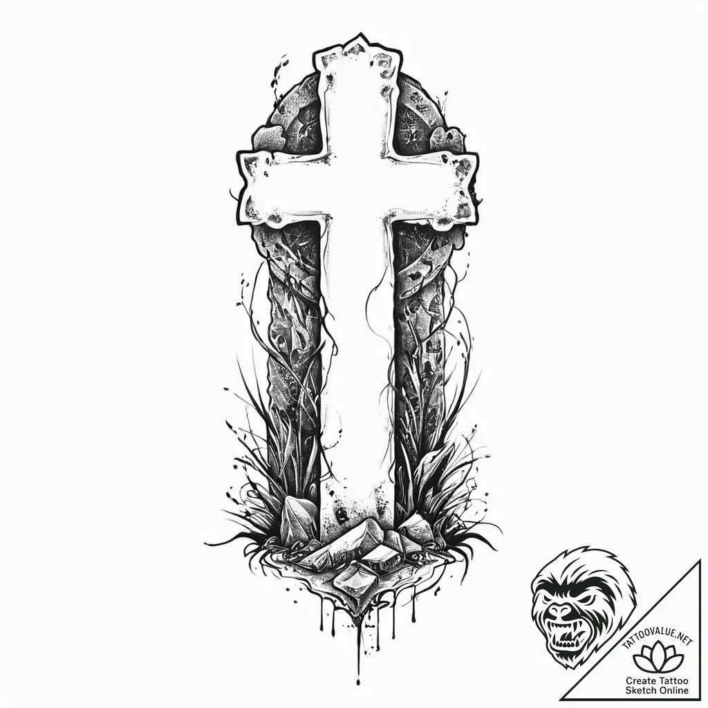 A detailed broken gravestone, forgotten,, con... - tattoo sketch (№1753629504_0, 27.07.2025 15:18) — tattoovalue.net