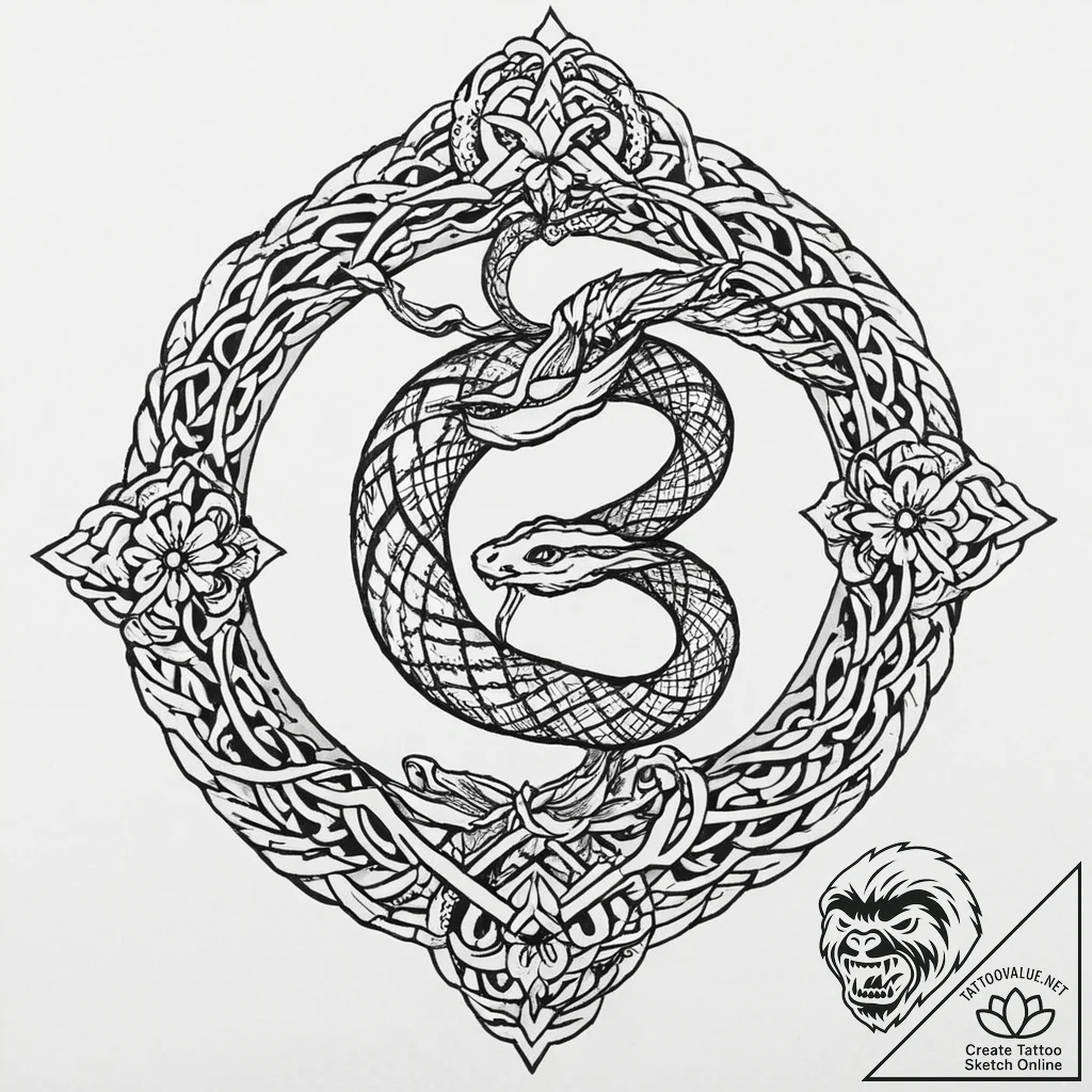 Knotwork serpent around celestial bloom, tatt... - tattoo sketch (№1753629906_0, 27.07.2025 15:25) — tattoovalue.net