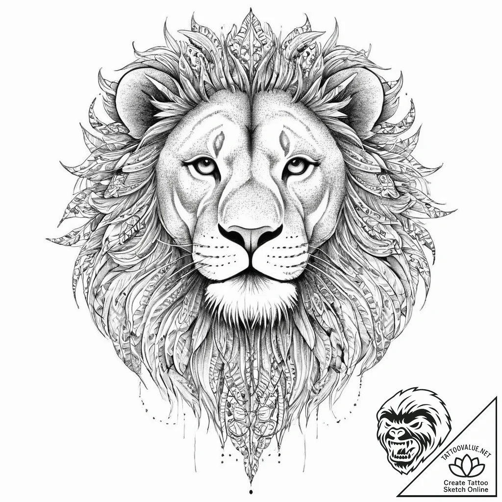 Lion, mature and regal, at rest but aware, ta... - tattoo sketch (№1753630744_0, 27.07.2025 15:39) — tattoovalue.net