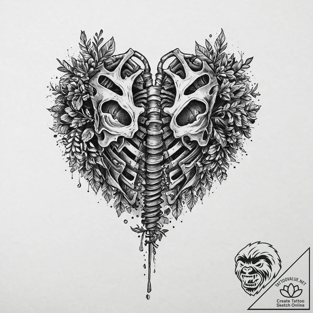 Skeleton key unlocking the heart's ribcage, a... - tattoo sketch (№1753632399_0, 27.07.2025 16:06) — tattoovalue.net