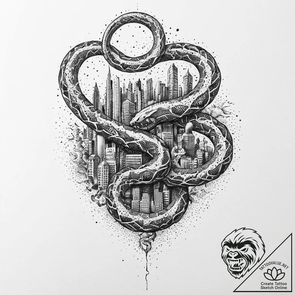 Apocalyptic serpent devouring city, tattoo sk... - tattoo sketch (№1753633382_0, 27.07.2025 16:23) — tattoovalue.net