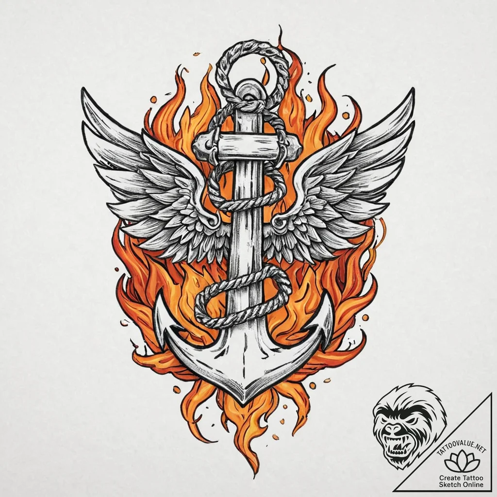 Anchor with wings and flames, tattoo line art... - tattoo sketch (№1753633771_0, 27.07.2025 16:29) — tattoovalue.net