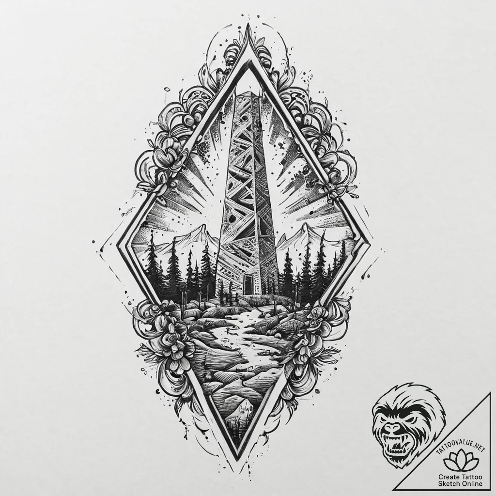 Obelisk rising from bone field, tattoo flash... - tattoo sketch (№1753635395_0, 27.07.2025 16:56) — tattoovalue.net