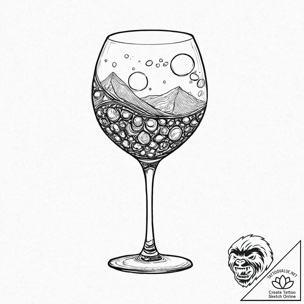 A whimsical bubble in a wine glass, elegant,,... - tattoo sketch (№1753635813_0, 27.07.2025 17:03) — tattoovalue.net