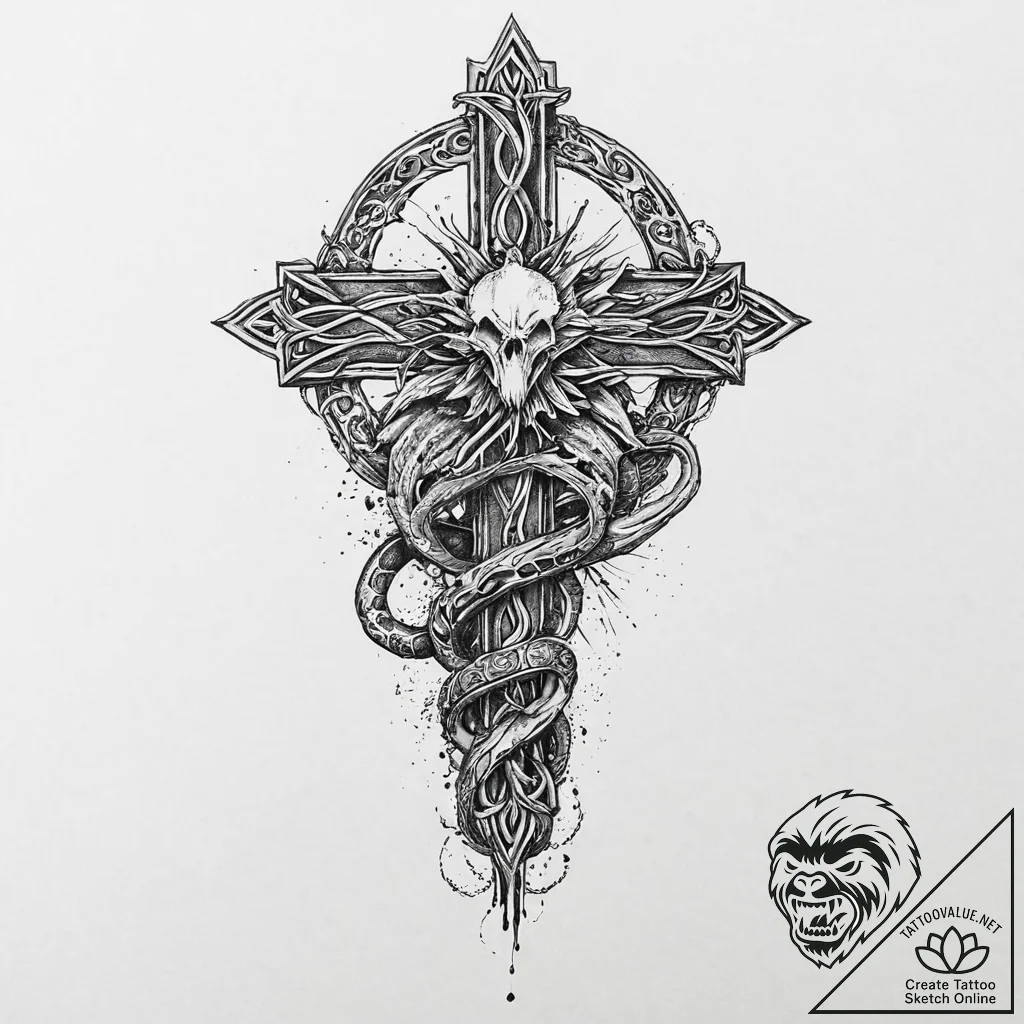 Glacial serpent crowned in bone, tattoo flash... - tattoo sketch (№1753636025_0, 27.07.2025 17:07) — tattoovalue.net