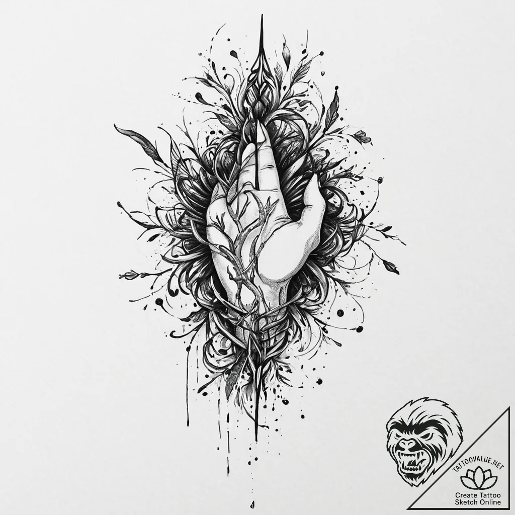 Stone vines gripping shattered blade, ink ill... - tattoo sketch (№1753637055_0, 27.07.2025 17:24) — tattoovalue.net