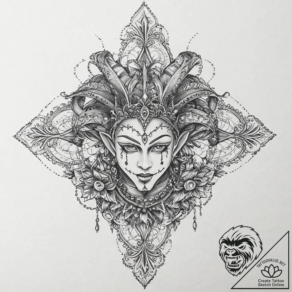 Jester, concept art for tattoo, clean lines,... - tattoo sketch (№1753637849_0, 27.07.2025 17:37) — tattoovalue.net