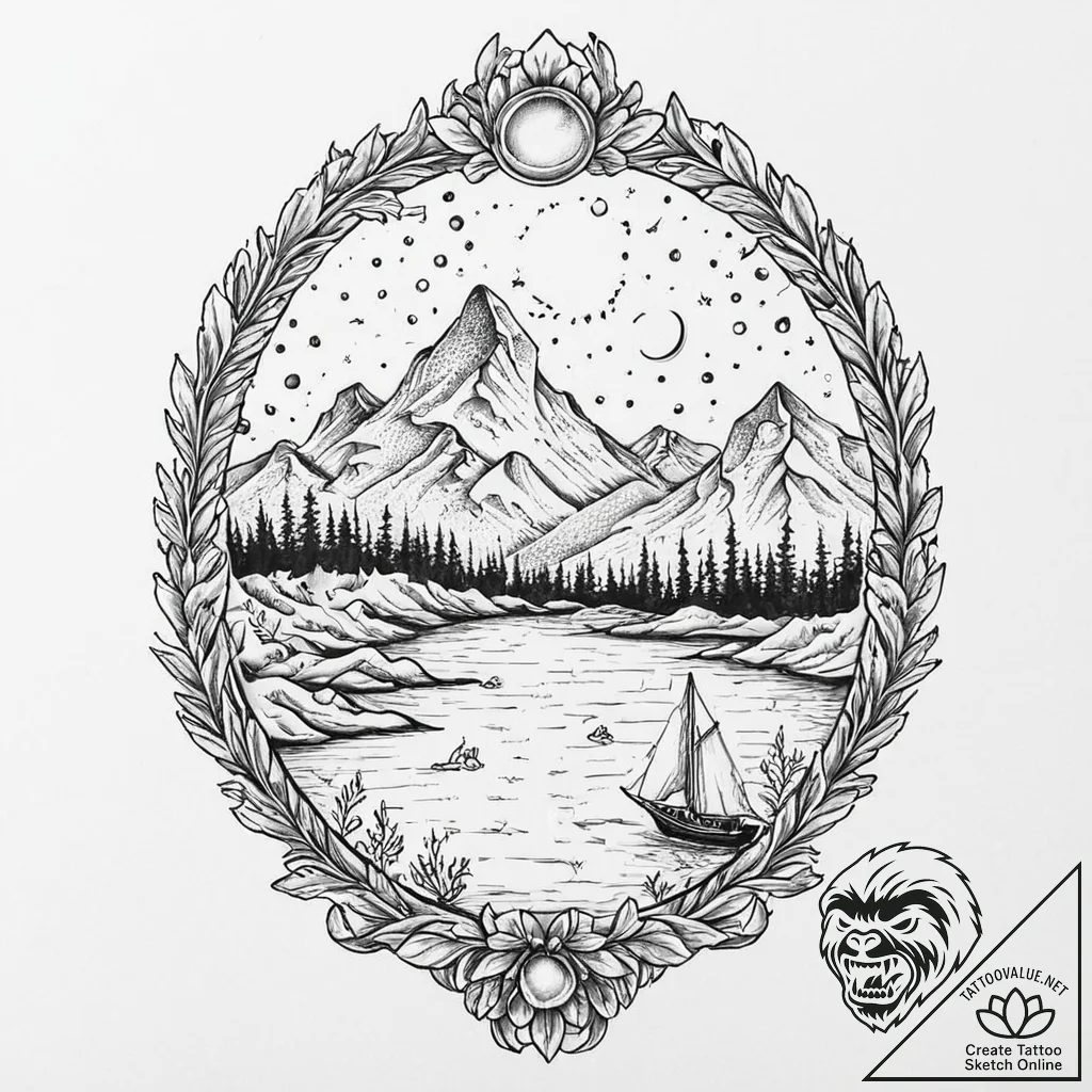 An enchanting aurora borealis illuminating a... - tattoo sketch (№1753638438_0, 27.07.2025 17:47) — tattoovalue.net