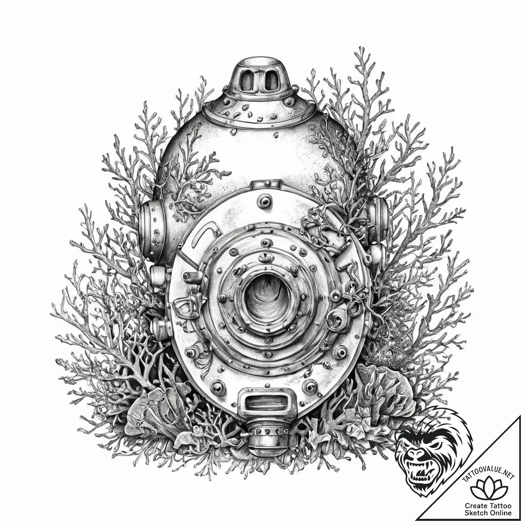 An old diving helmet overgrown with coral - tattoo sketch (№1753639264_0, 27.07.2025 18:01) — tattoovalue.net