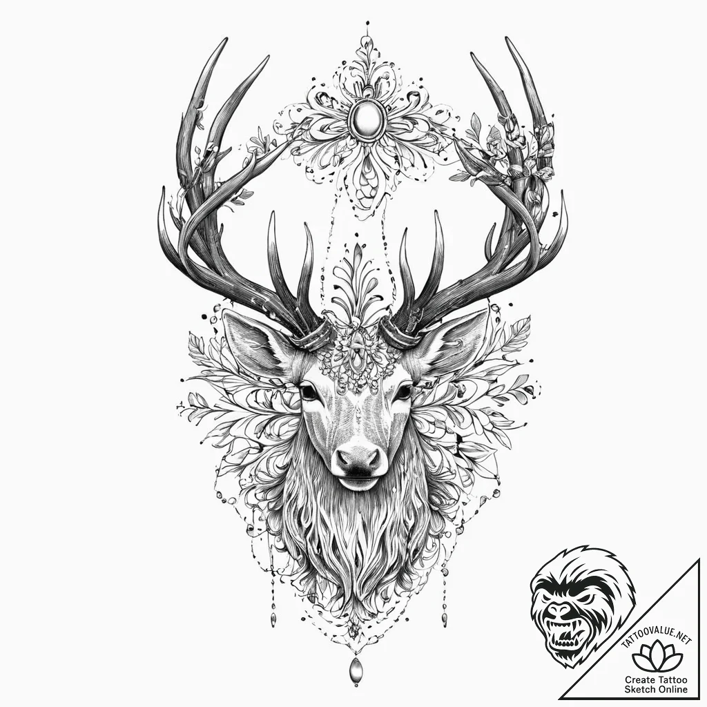 Glowing stag crowned in bone, tattoo flash sh... - tattoo sketch (№1753640690_0, 27.07.2025 18:24) — tattoovalue.net