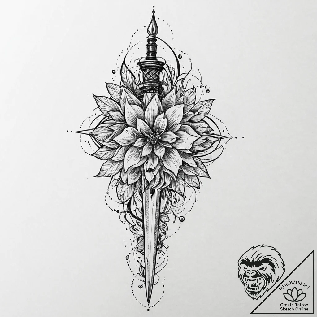 Quartz dagger beneath spectral bloom, ink ill... - tattoo sketch (№1753641479_0, 27.07.2025 18:37) — tattoovalue.net