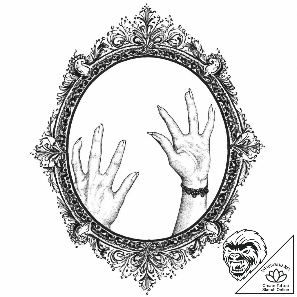 Black hand reaching from mirror, ink illustra... - tattoo sketch (№1753644242_0, 27.07.2025 19:24) — tattoovalue.net