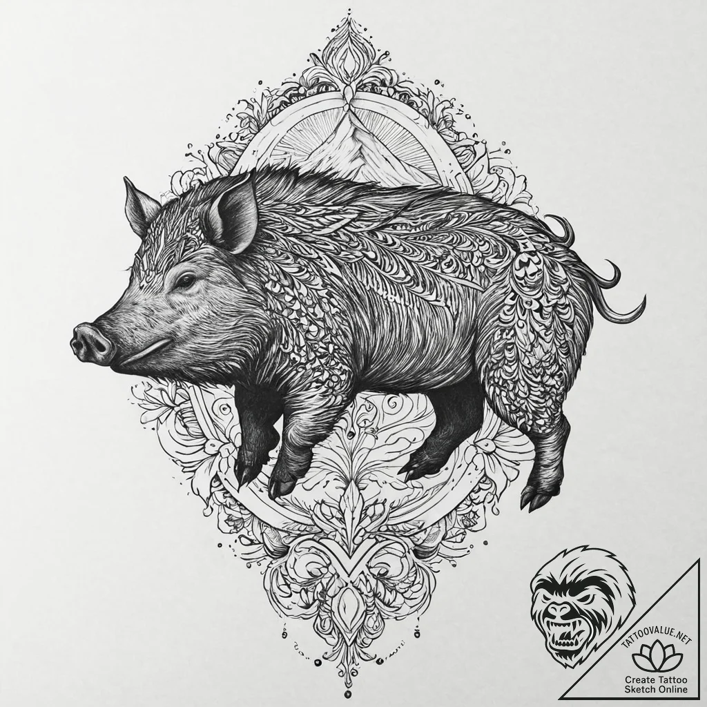 Wild boar with tusks of obsidian, ink illustr... - tattoo sketch (№1753645472_0, 27.07.2025 19:44) — tattoovalue.net
