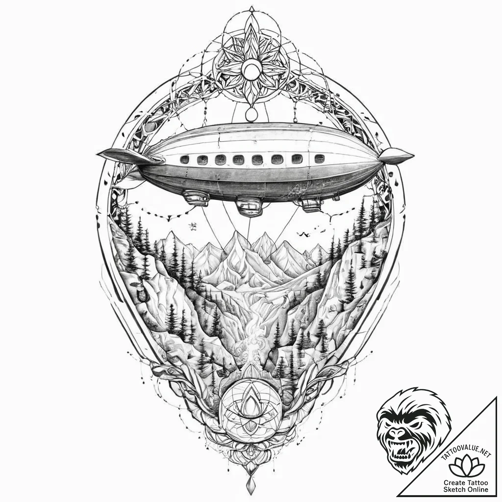 An agile airship navigating through a narrow... - tattoo sketch (№1753646060_0, 27.07.2025 19:54) — tattoovalue.net
