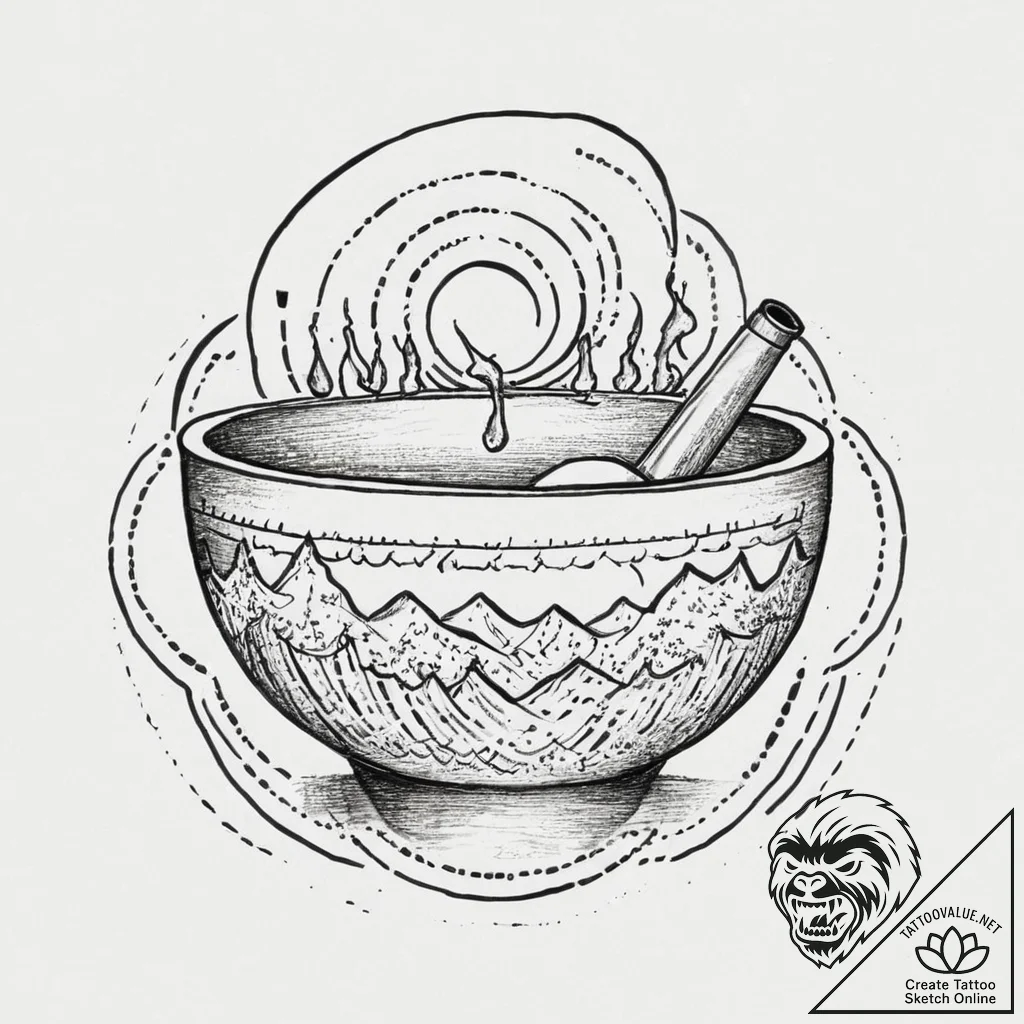 Singing bowl with sound waves visibly ripplin... - tattoo sketch (№1753646257_0, 27.07.2025 19:57) — tattoovalue.net