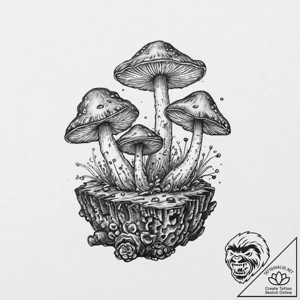 Bioluminescent mushrooms on a log, tattoo ske... - tattoo sketch (№1753646674_0, 27.07.2025 20:04) — tattoovalue.net