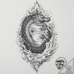 Glacial serpent beneath shattered spire, tatt… – tattoo sketch (№1753647708_0, 27.07.2025 20:21) — tattoovalue.net