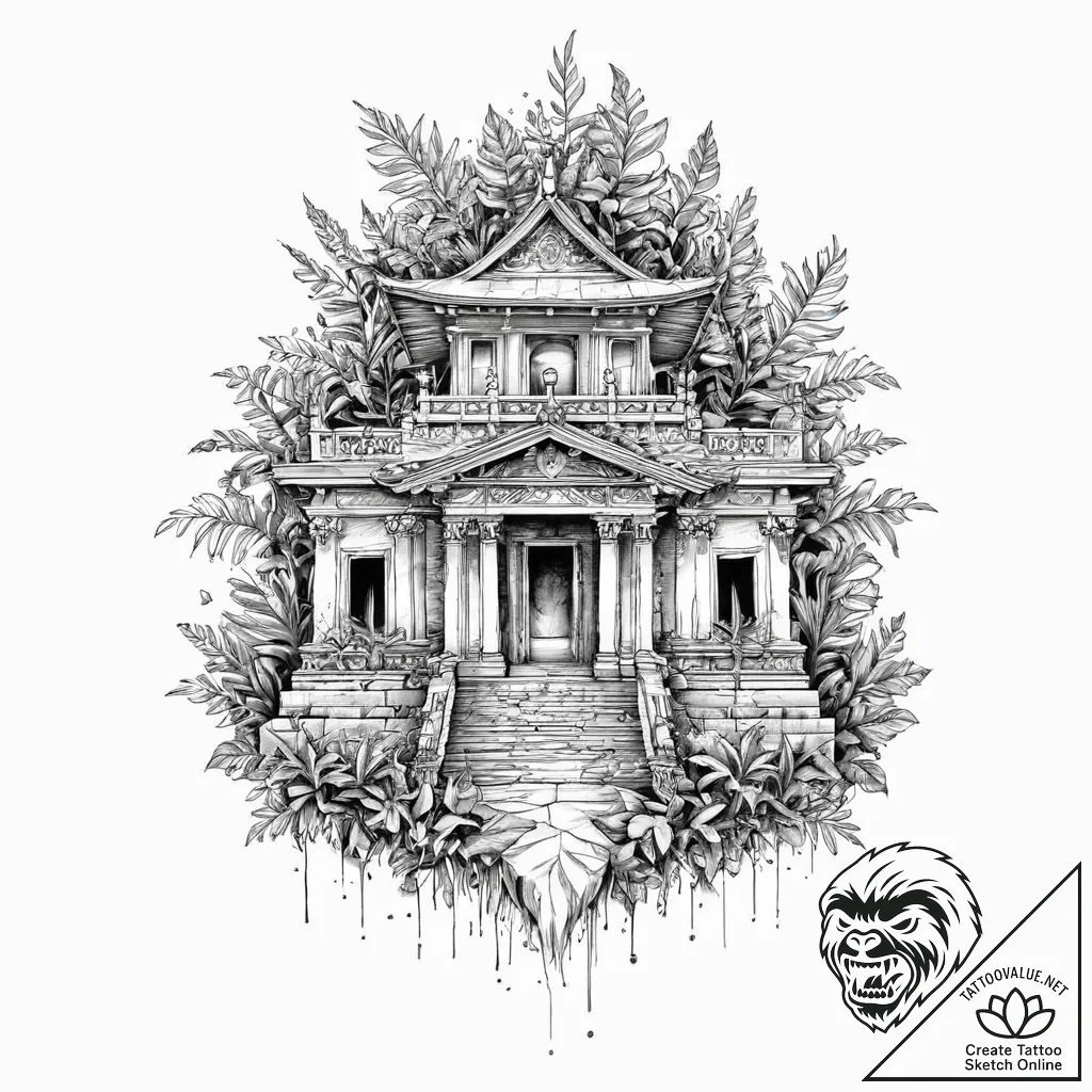 Forgotten temple being reclaimed by the jungl... - tattoo sketch (№1753647911_0, 27.07.2025 20:25) — tattoovalue.net