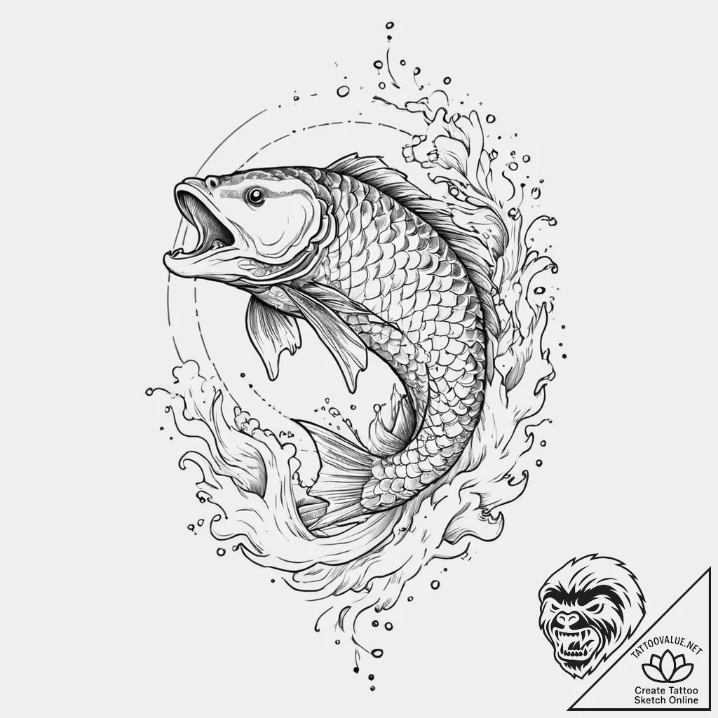 A majestic bass fish leaping from water, fish... - tattoo sketch (№1753650150_0, 27.07.2025 21:02) — tattoovalue.net