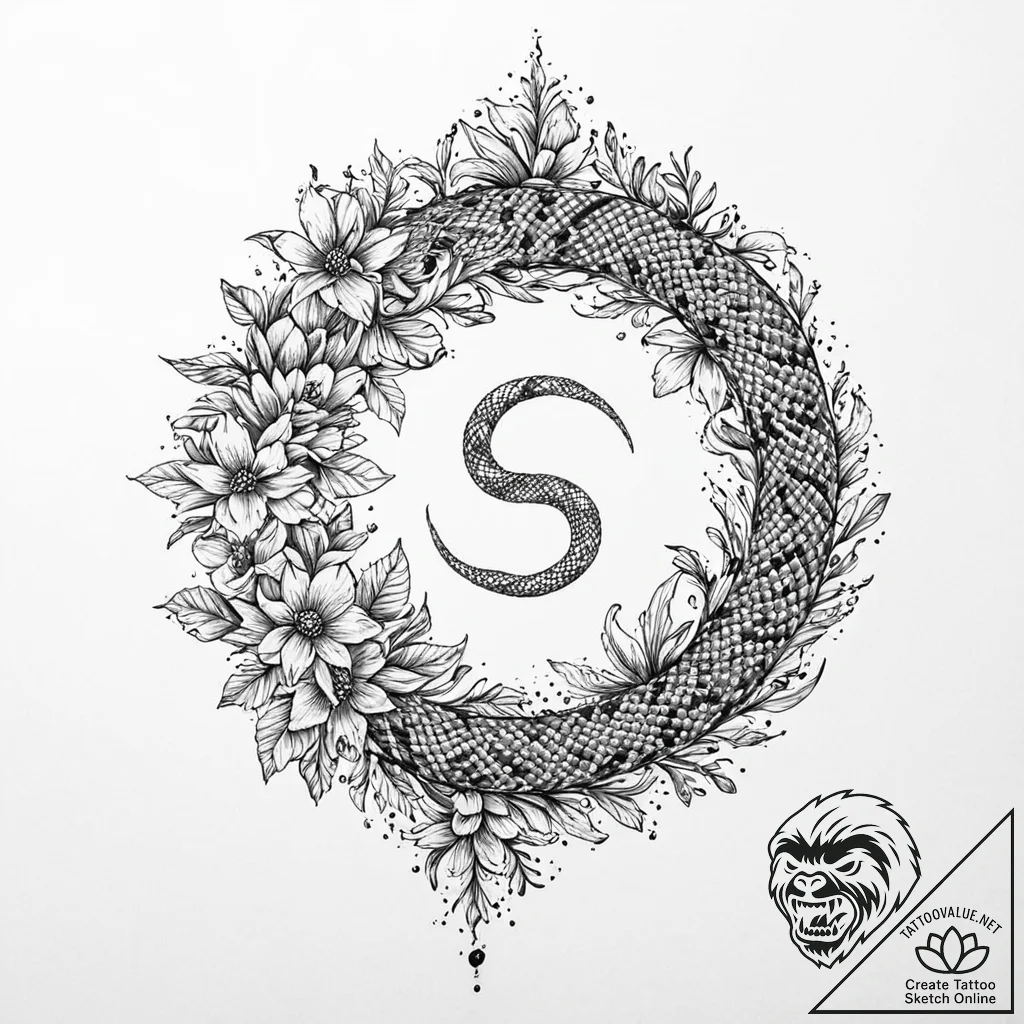 Night serpent through frozen bloom, tattoo dr... - tattoo sketch (№1753650770_0, 27.07.2025 21:12) — tattoovalue.net