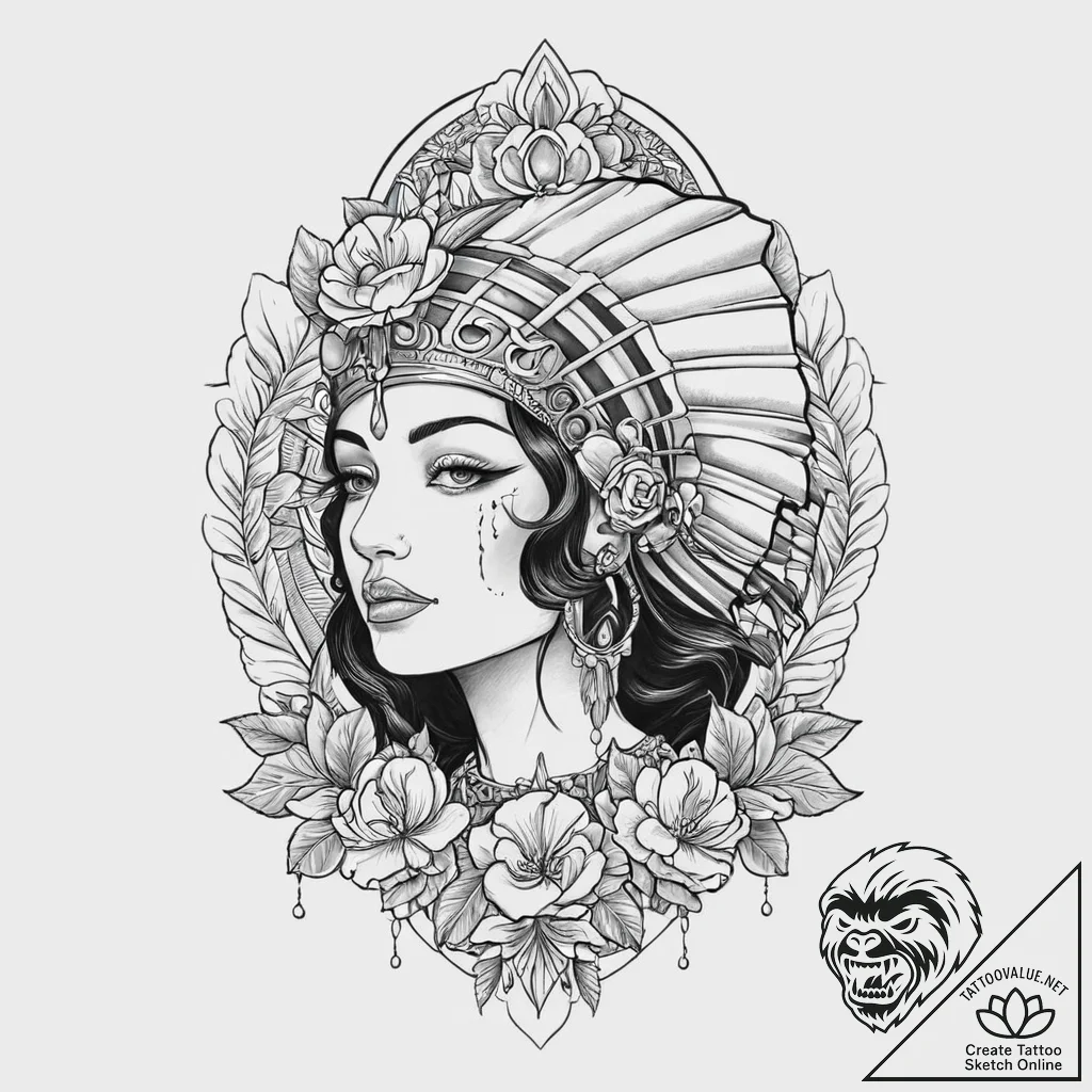 Cleopatra, ink illustration for tattoo, minim... - tattoo sketch (№1753651768_0, 27.07.2025 21:29) — tattoovalue.net