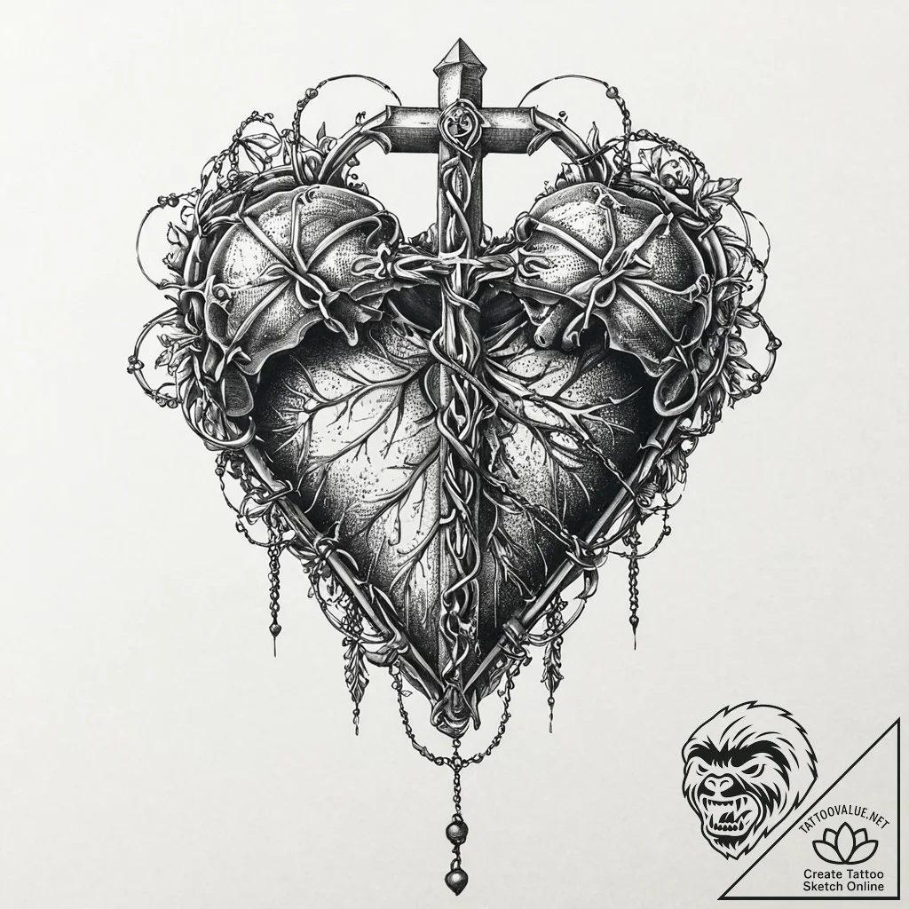 Bone chain wrapped around heart, tattoo drawi... - tattoo sketch (№1753652361_0, 27.07.2025 21:39) — tattoovalue.net
