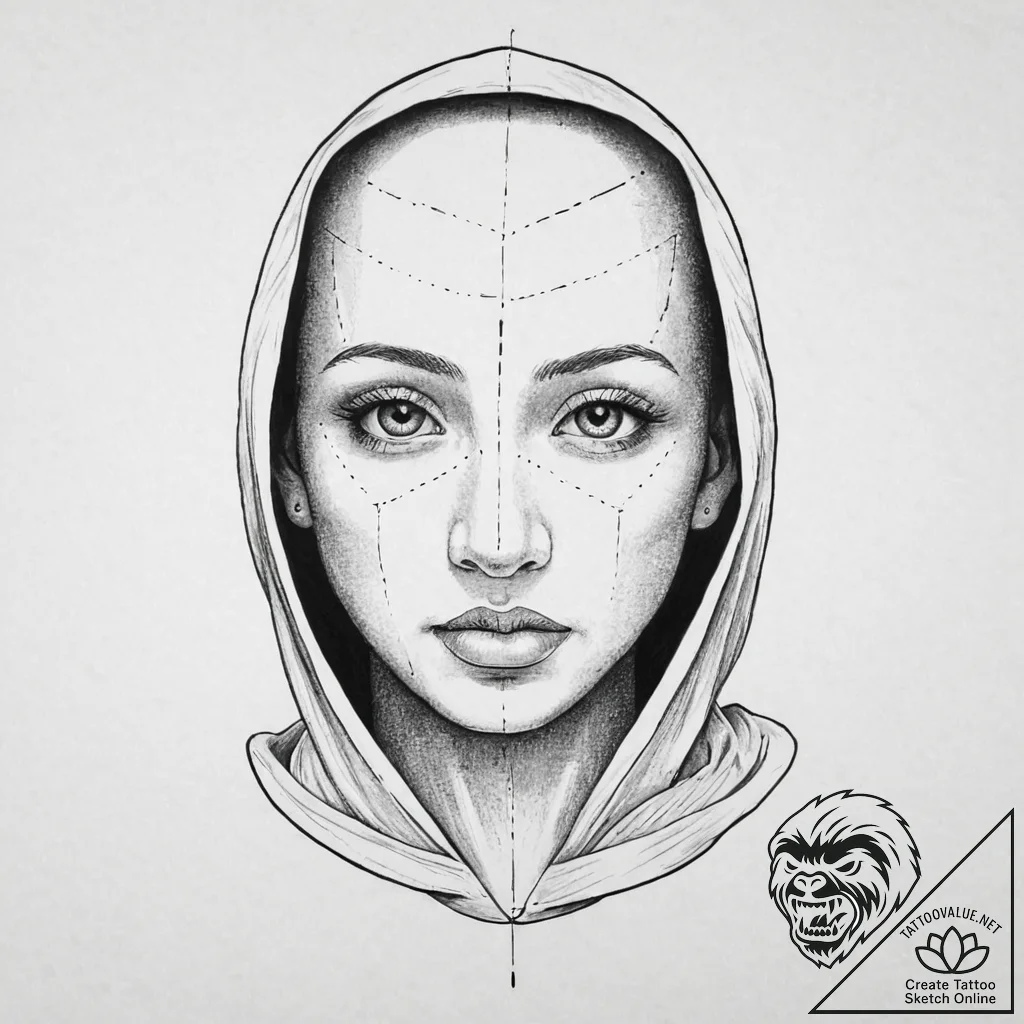Monk eyes beneath spectral cowl, ink illustra... - tattoo sketch (№1753652758_0, 27.07.2025 21:45) — tattoovalue.net