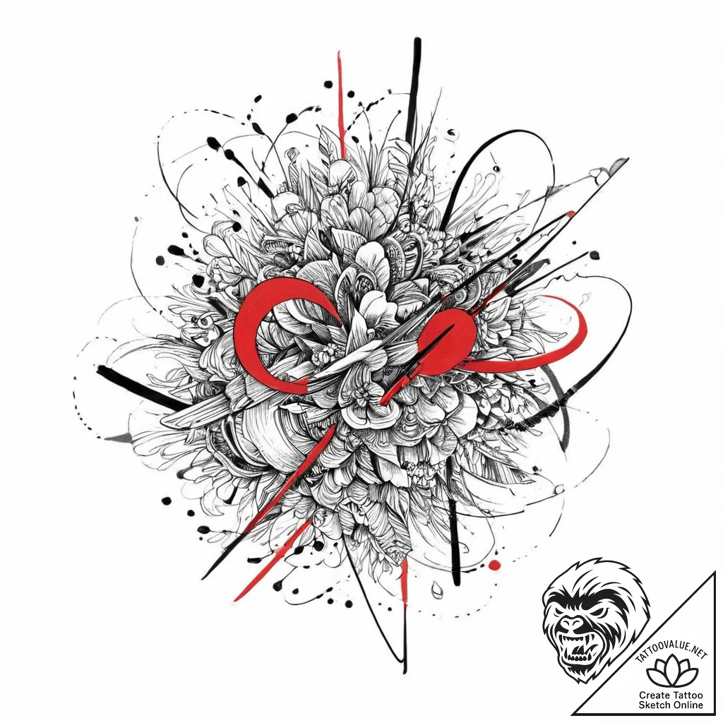 U, tattoo line art, black and red ink, red ac... - tattoo sketch (№1753654550_0, 27.07.2025 22:15) — tattoovalue.net