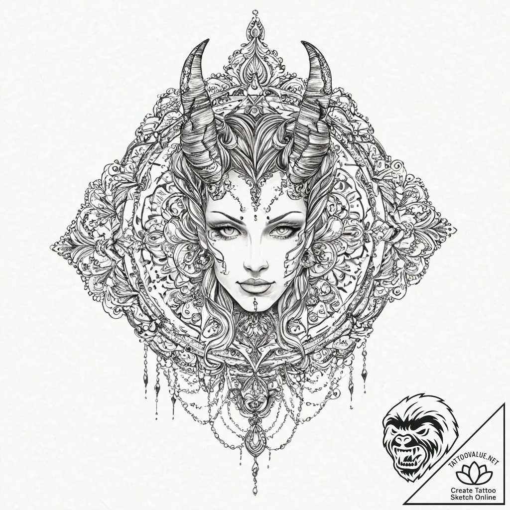 Devil, ink illustration for tattoo, sepia ton... - tattoo sketch (№1753655756_0, 27.07.2025 22:35) — tattoovalue.net