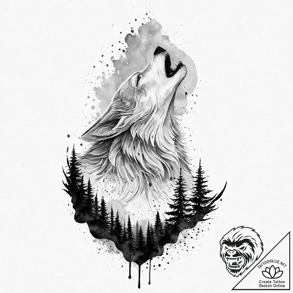 Mountain peak shaped like a howling wolf, art... - tattoo sketch (№1753656161_0, 27.07.2025 22:42) — tattoovalue.net