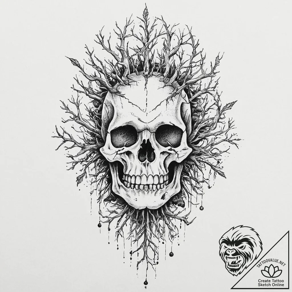 Orc bones beneath thorned roots, tattoo flash... - tattoo sketch (№1753657534_0, 27.07.2025 23:05) — tattoovalue.net