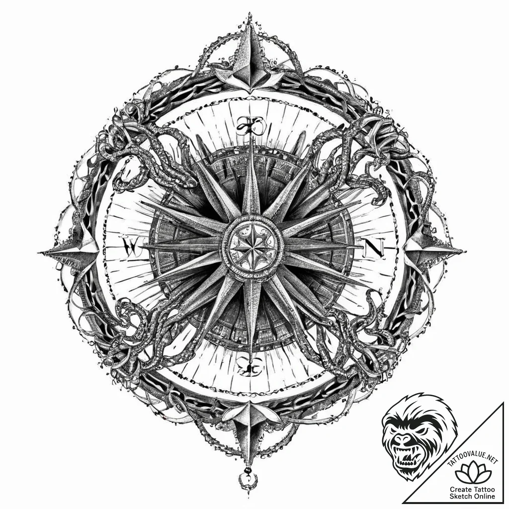 Kraken tentacle curling around compass, artis... - tattoo sketch (№1753657945_0, 27.07.2025 23:12) — tattoovalue.net
