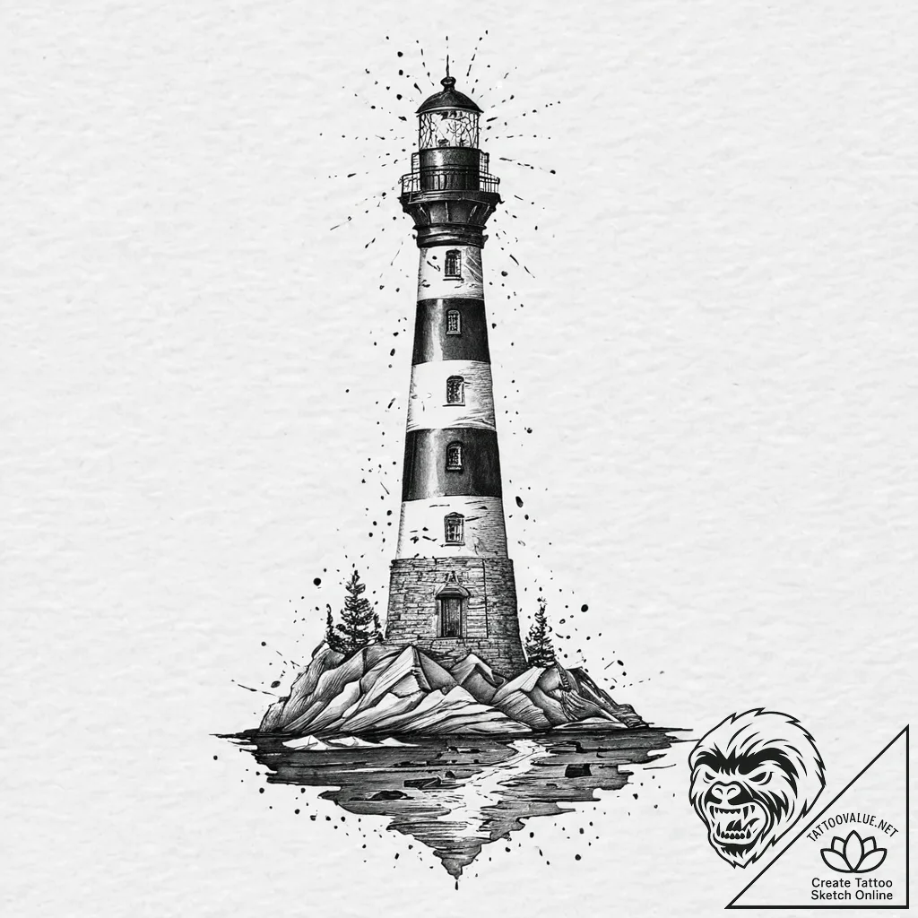 Lighthouse beacon frozen mid-flash, ink illus... - tattoo sketch (№1753658741_0, 27.07.2025 23:25) — tattoovalue.net
