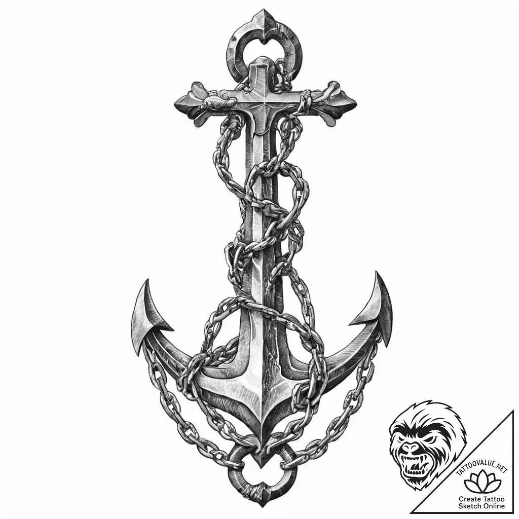 Naval anchor entangled in chains, artistic ta... - tattoo sketch (№1753659927_0, 27.07.2025 23:45) — tattoovalue.net