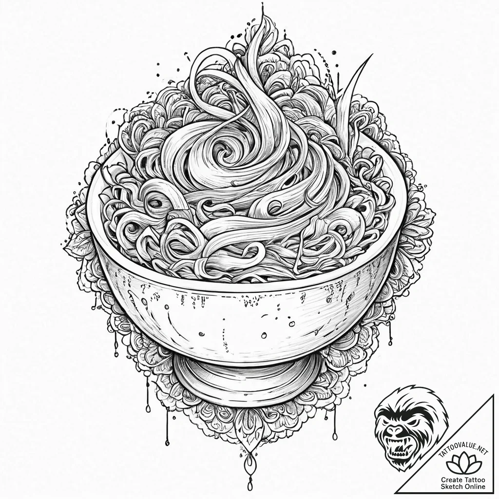 Instant ramen noodle cup, steaming, tattoo dr... - tattoo sketch (№1753660513_0, 27.07.2025 23:55) — tattoovalue.net