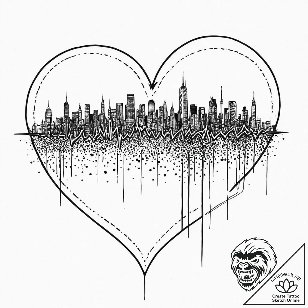 Heart monitor ekg line morphing into a city s... - tattoo sketch (№1753661293_0, 28.07.2025 00:08) — tattoovalue.net