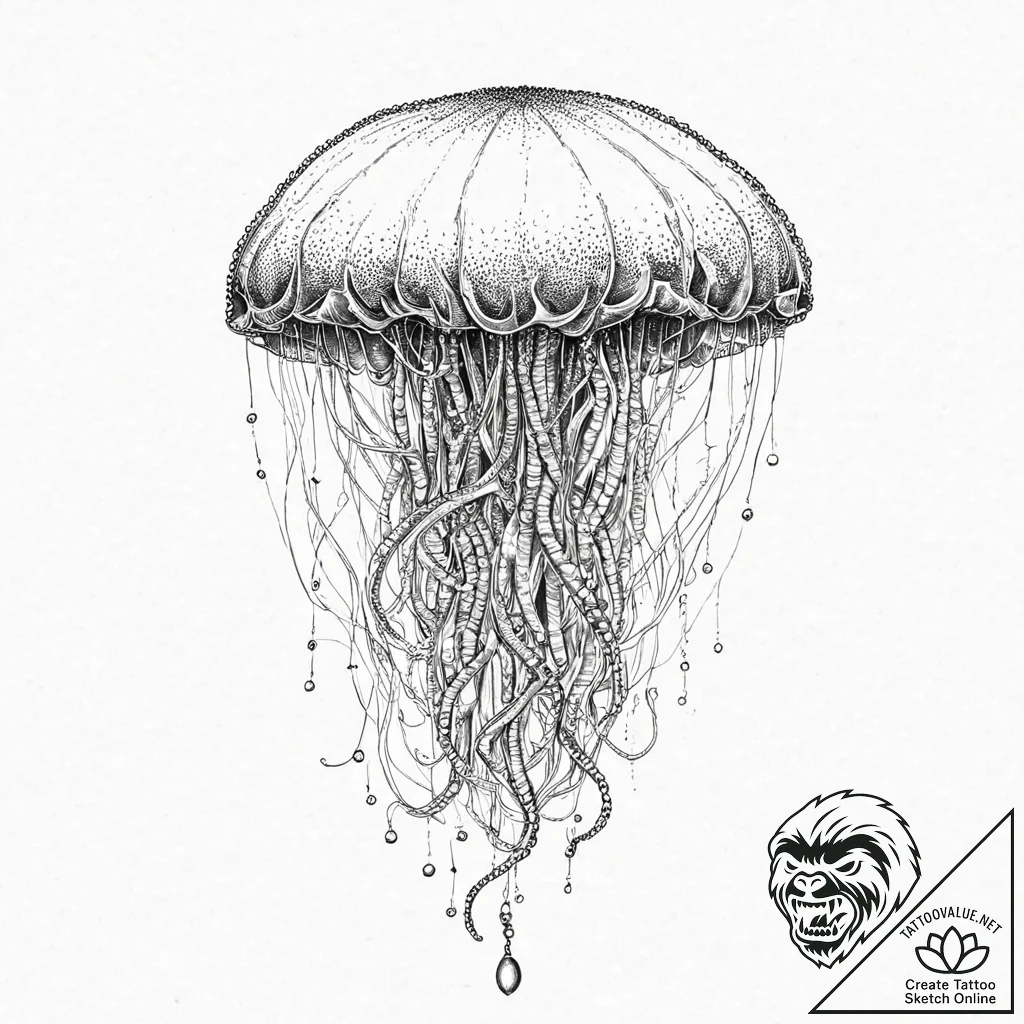 Jellyfish with tentacles that are delicate, b... - tattoo sketch (№1753662085_0, 28.07.2025 00:21) — tattoovalue.net