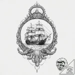 Kraken shadow rising beneath ship, ink illust… – tattoo sketch (№1753662883_0, 28.07.2025 00:34) — tattoovalue.net