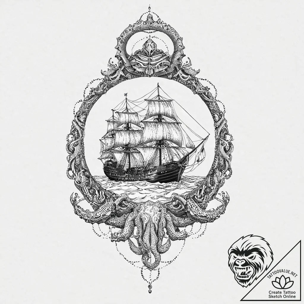 Kraken shadow rising beneath ship, ink illust... - tattoo sketch (№1753662883_0, 28.07.2025 00:34) — tattoovalue.net